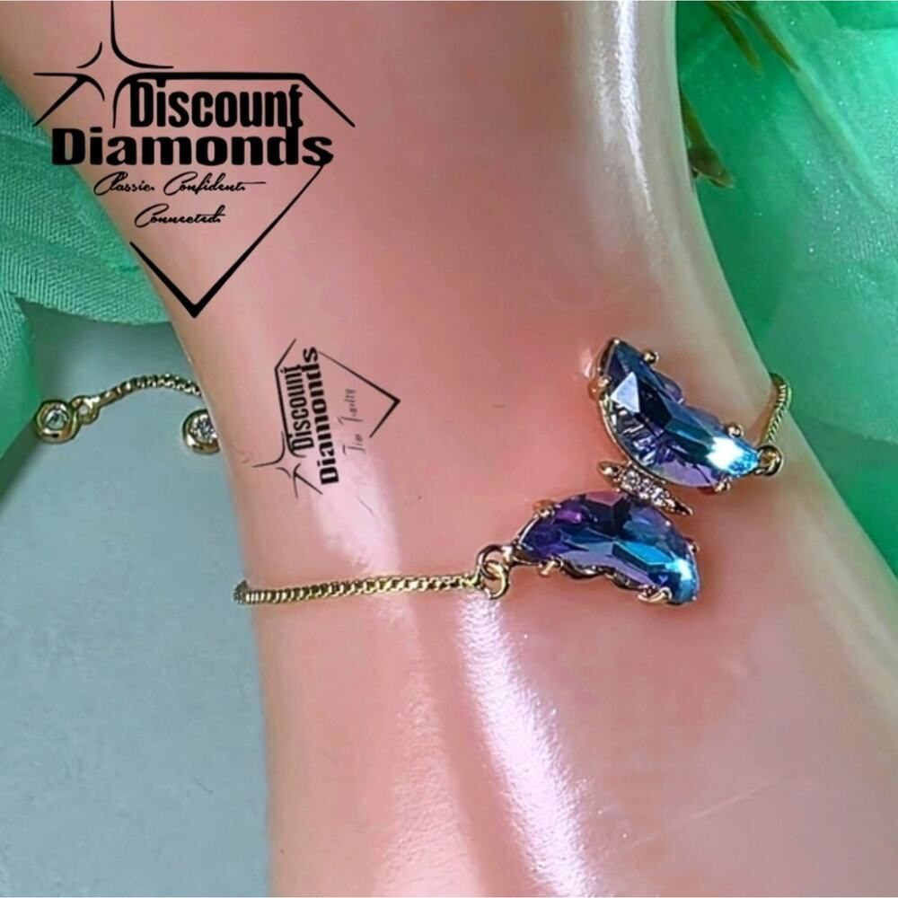 Butterfly Bracelet w8th Blue Crystals Adjustable Fit  14K Gold Plating